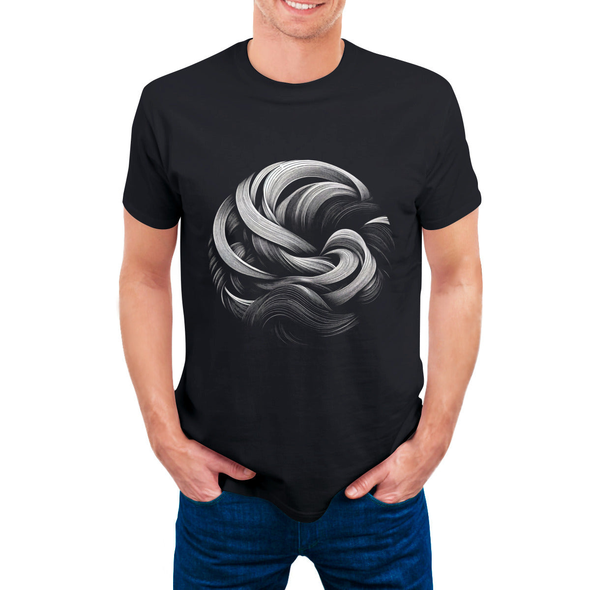 Front view of ‘Wave Ball’ Cotton T-Shirt This image shows the front view of the ‘Wave Ball’ Cotton T-Shirt, featuring the captivating ‘Wave Ball’ design with intricate ribbon-like structures. The design is a mesmerizing blend of shades of grey, creating a sense of motion and fluidity. The contrast against the stark black backdrop adds depth to the artwork, inviting viewers to explore the harmonious balance between order and chaos captured within this abstract expression.