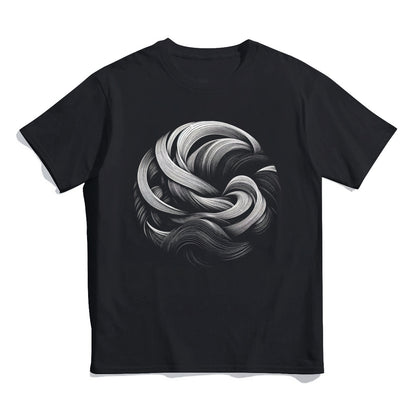 Front view of ‘Wave Ball’ Cotton T-Shirt  Description: This image showcases the front view of the ‘Wave Ball’ Cotton T-Shirt displayed on a hanger. The ‘Wave Ball’ design, with its intricate ribbon-like structures, is prominently featured on the shirt. The shades of grey and contrast against the black background are highlighted, providing a clear view of the captivating artwork. This image gives customers a sense of how the shirt looks when hung, emphasizing its design and style